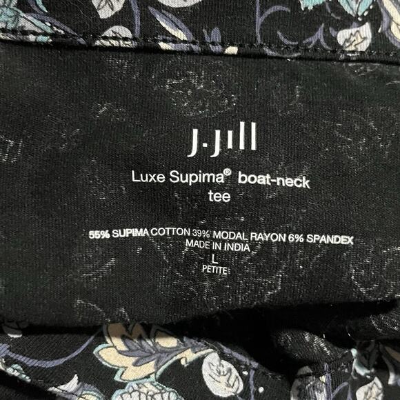 J Jill Luxe Supima Boat Neck Floral Tee Top Size LP Black Dark Cottagecore - Picture 7 of 7
